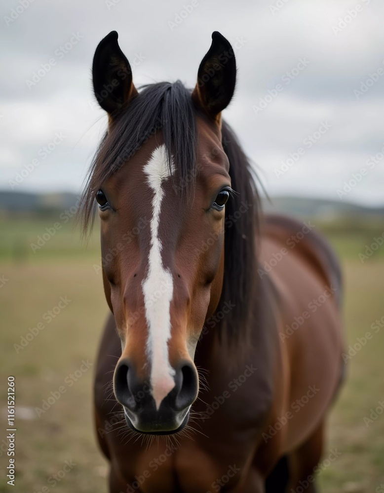 Fototapeta premium Brown horse stands gracefully in open field, its expressive eyes reflecting soft light, creating serene atmosphere in landscape. Horses Equus, genus of Equidae of order Perissodactyls. Generative AI