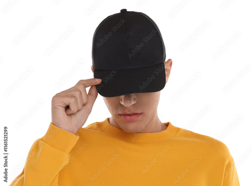Man in stylish baseball cap on white background. Mockup for design Man in stylish baseball cap on white background. Mockup for design