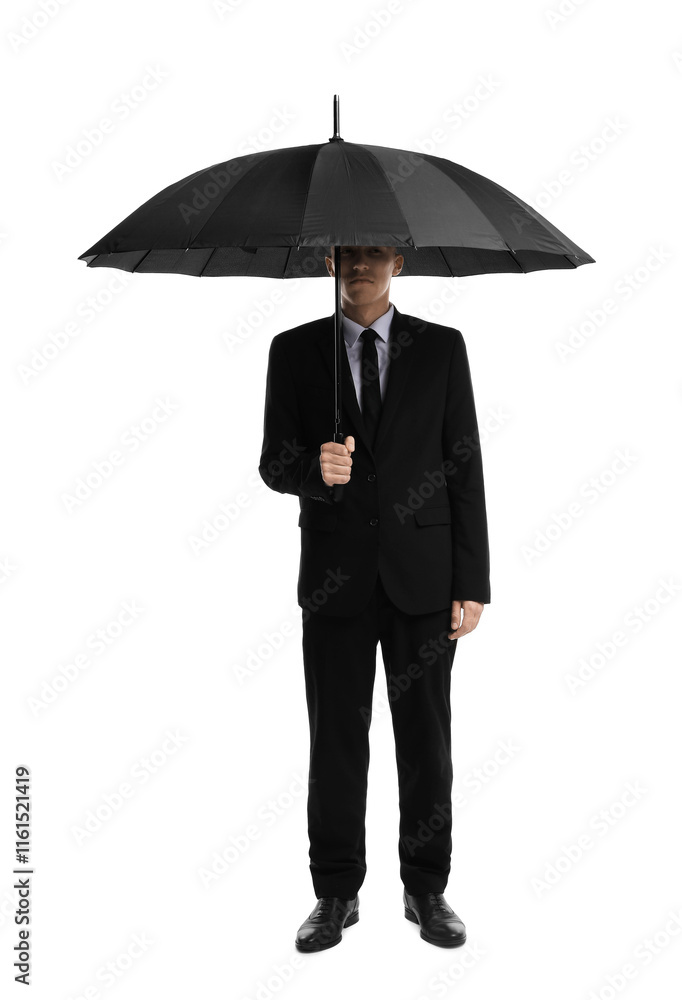 Man in suit with black umbrella on white background Man in suit with black umbrella on white background