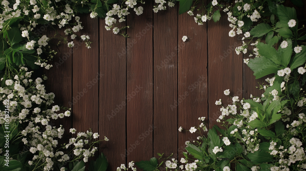 Floral frame on rustic wooden table, nature's beauty Floral frame on rustic wooden table, nature's beauty