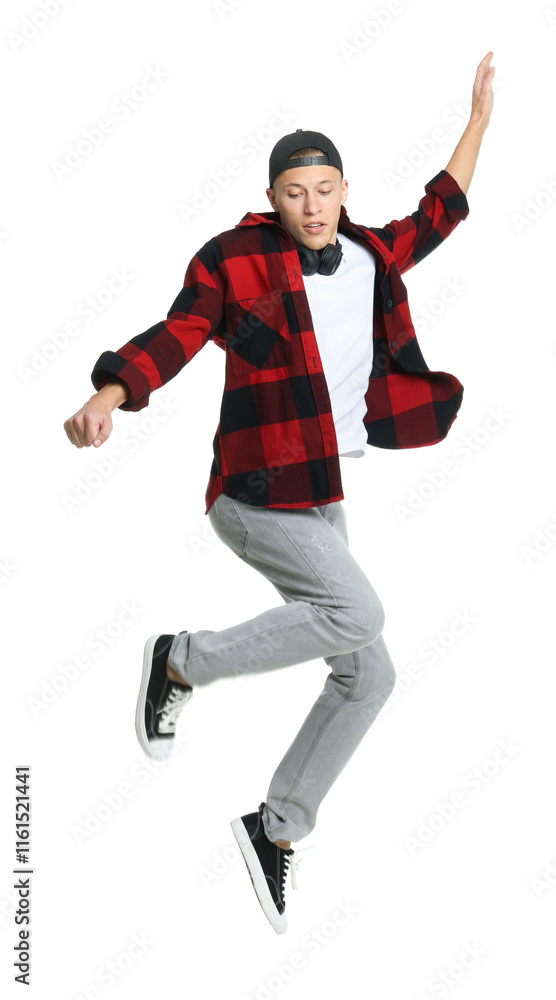 Handsome young skater jumping on white background Handsome young skater jumping on white background