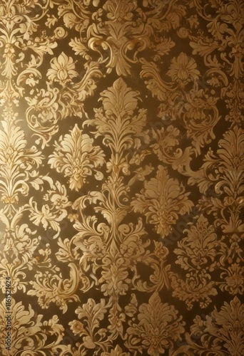 Damask floral pattern with golden accents on a luxurious gold background,  sophisticated,  flowers