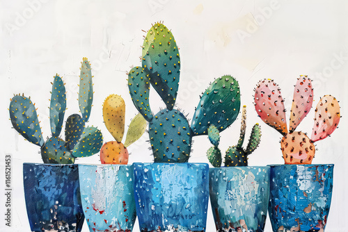 Painting of several cacti in different sized pots. photo