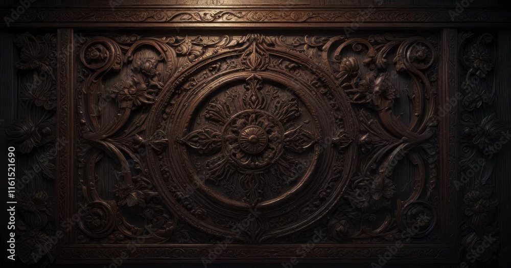 Dark wooden panel with intricate carvings and metallic accents in a dimly lit environment, mysterious atmosphere, carvings Dark wooden panel with intricate carvings and metallic accents in a dimly lit environment, mysterious atmosphere, carvings