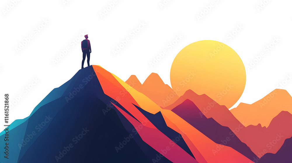 Flat 2D illustration of a person on a mountain peak, looking ahead at the sunrise, with vibrant yet simple colors on a white background Flat 2D illustration of a person on a mountain peak, looking ahead at the sunrise, with vibrant yet simple colors on a white background