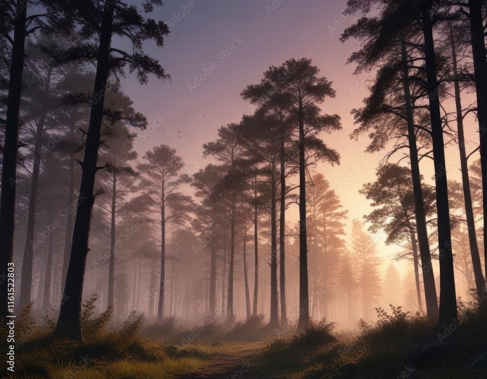 Forest at dusk with silhouetted trees and wildlife, wildlife, Forest at dusk with silhouetted trees and wildlife, wildlife,