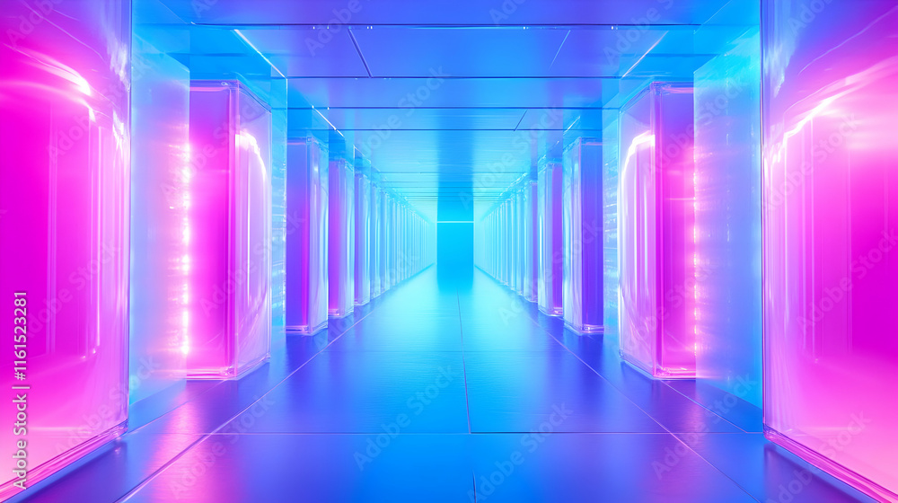 Futuristic server blocks glowing in bright neon blue and pink, creating an abstract tunnel of digital connectivity and data storage Futuristic server blocks glowing in bright neon blue and pink, creating an abstract tunnel of digital connectivity and data storage