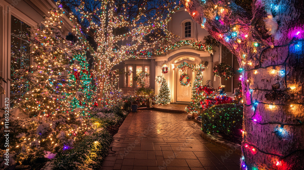 Flower-shaped christmas lights shining brightly against a backdrop of twinkling tree lights, creating a festive atmosphere Flower-shaped christmas lights shining brightly against a backdrop of twinkling tree lights, creating a festive atmosphere