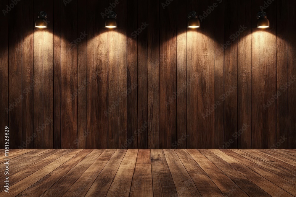 Dark wooden wall with spotlights and floor. Dark wooden wall with spotlights and floor.
