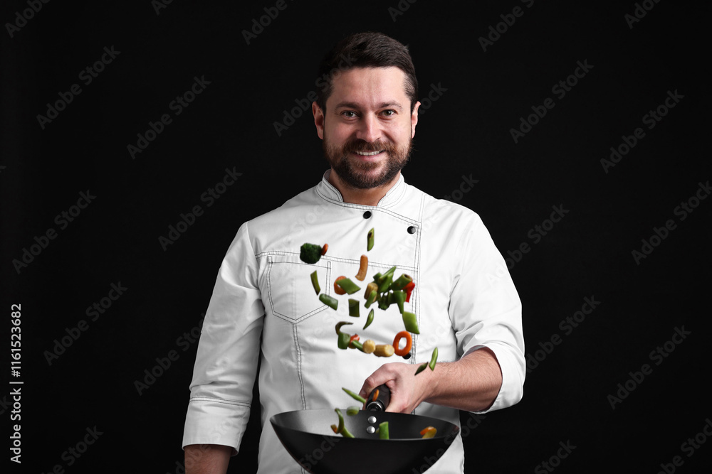Professional chef mixing vegetables in wok on black background Professional chef mixing vegetables in wok on black background