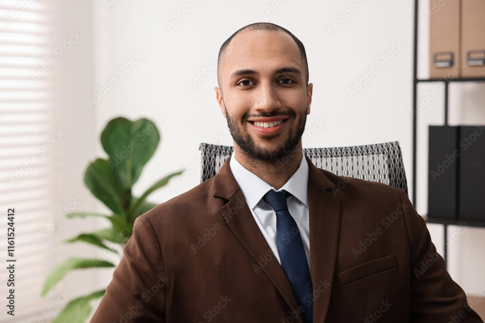 Portrait of happy businessman in jacket indoors Portrait of happy businessman in jacket indoors