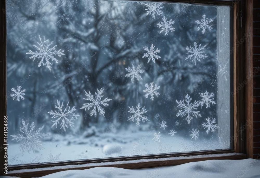 Fototapeta premium Frosty windowpane with snowflakes gently falling, window, icy