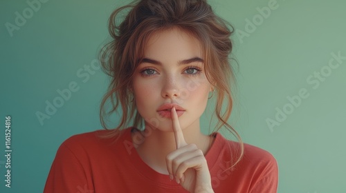 Young woman she wear red shirt white t-shirt casual clothes say hush be quiet with finger on lips shhh gesture look camera isolated on plain pastel green background studio portrait.