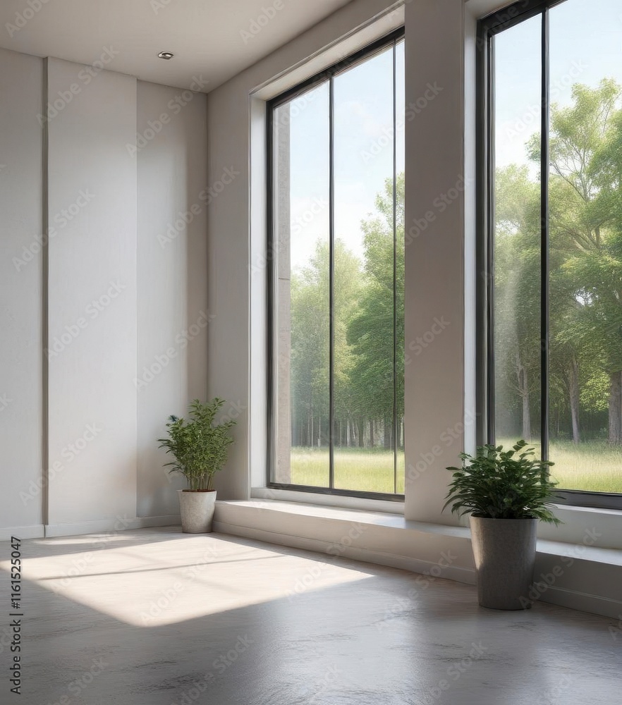 Fototapeta premium Minimalist interior with large window and empty space, blank space, simple style