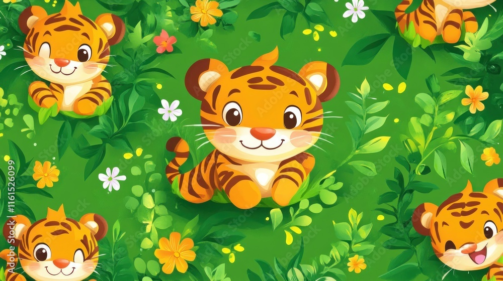 Naklejka premium Adorable tiger cubs amidst lush green foliage and vibrant flowers.
