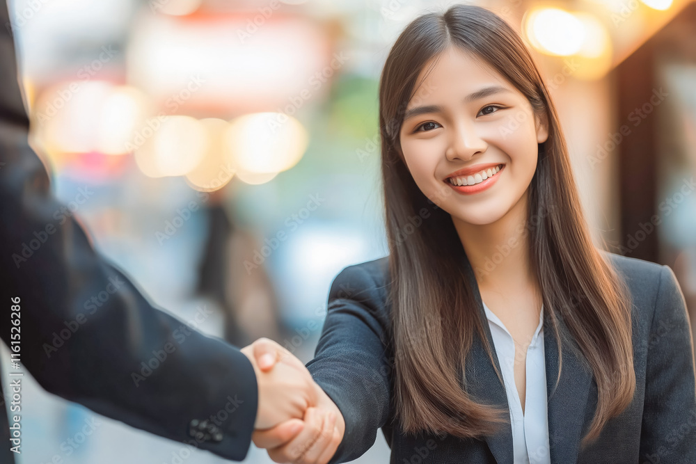 A businesswoman shaking hands with someone in a professional manner. A businesswoman shaking hands with someone in a professional manner.