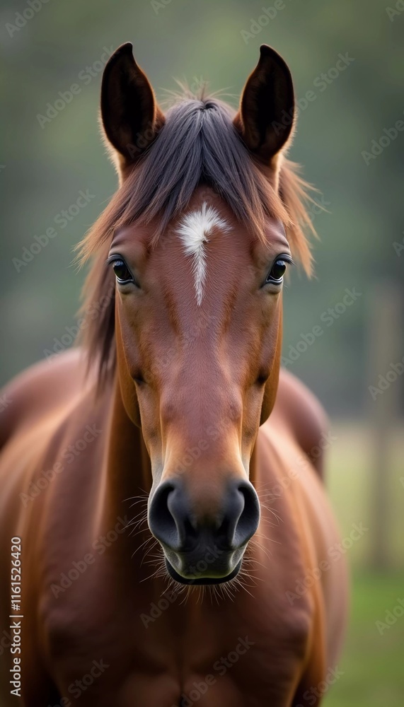 Obraz premium Brown horse stands gracefully in open field, its expressive eyes reflecting soft light, creating serene atmosphere in landscape. Horses Equus, genus of Equidae of order Perissodactyls. Generative AI