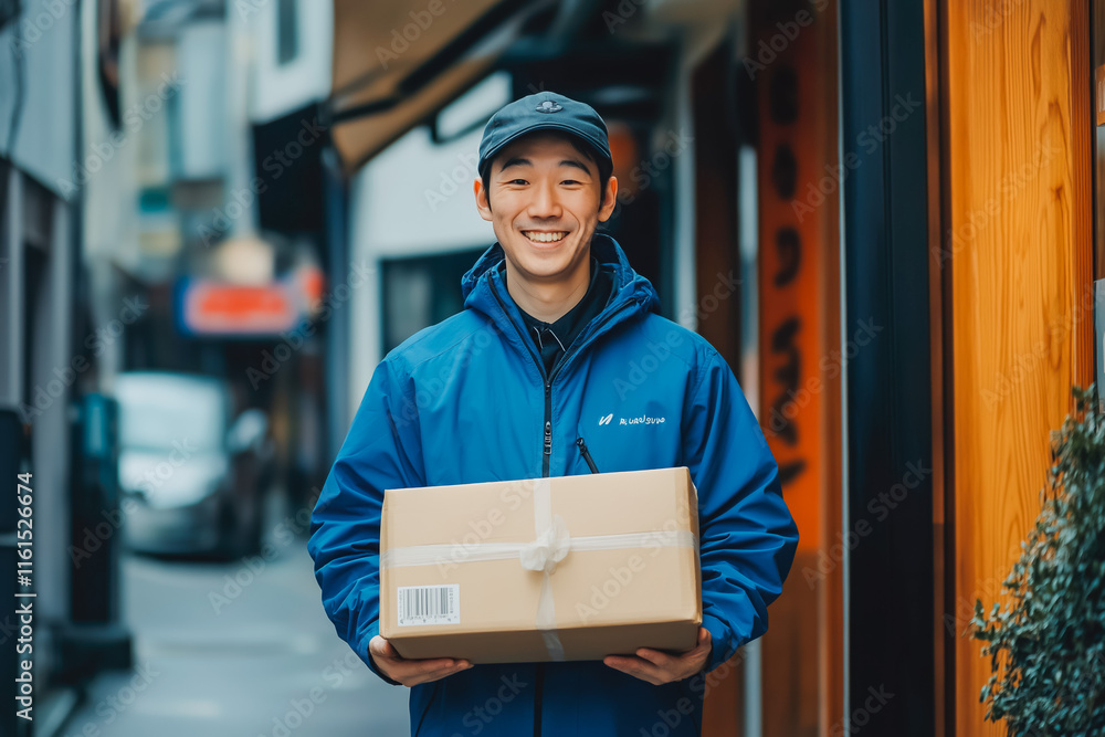 A delivery person holding a package and smiling. A delivery person holding a package and smiling.