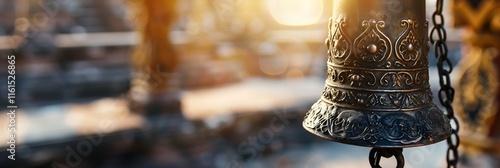 Detailed closeup image of a temple bell with intricate designs hanging in a courtyard with sunlight filtering through photo