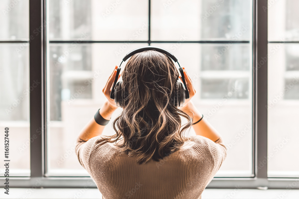 Naklejka premium A person wearing headphones and dancing to music with a joyful expression.