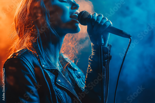 A professional singer holding a microphone, mid-performance. photo