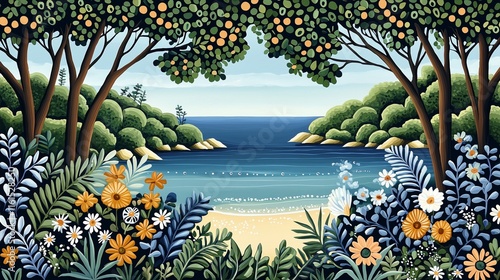 Idyllic Coastal Serenity with Vibrant Wildflowers