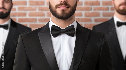 Three men in tuxedos stand confidently against a brick wall, embodying sophistication and style.