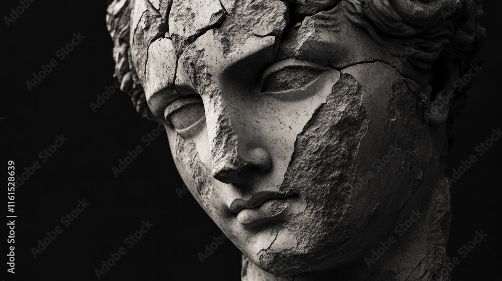 Close-up of a damaged classical sculpture bust of a woman's face, showing cracks and texture. Close-up of a damaged classical sculpture bust of a woman's face, showing cracks and texture.