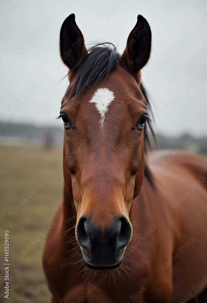Obraz premium Brown horse stands gracefully in open field, its expressive eyes reflecting soft light, creating serene atmosphere in landscape. Horses Equus, genus of Equidae of order Perissodactyls. Generative AI