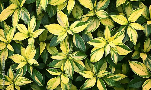 Lush variegated foliage, yellow and green leaves, close-up.