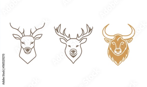 Line art animal heads deer, stag, bull.