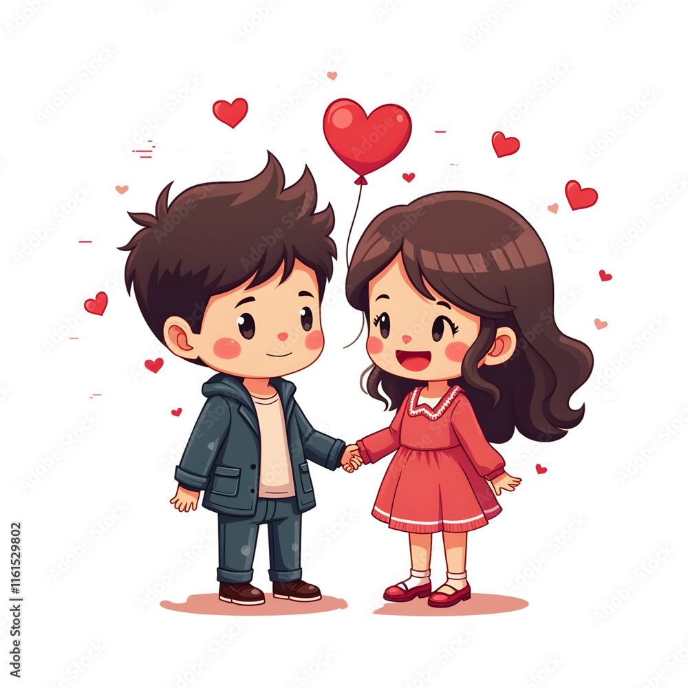 illustration of a couple celebrating Valentine's Day, chibi character illustration of a couple celebrating Valentine's Day, chibi character