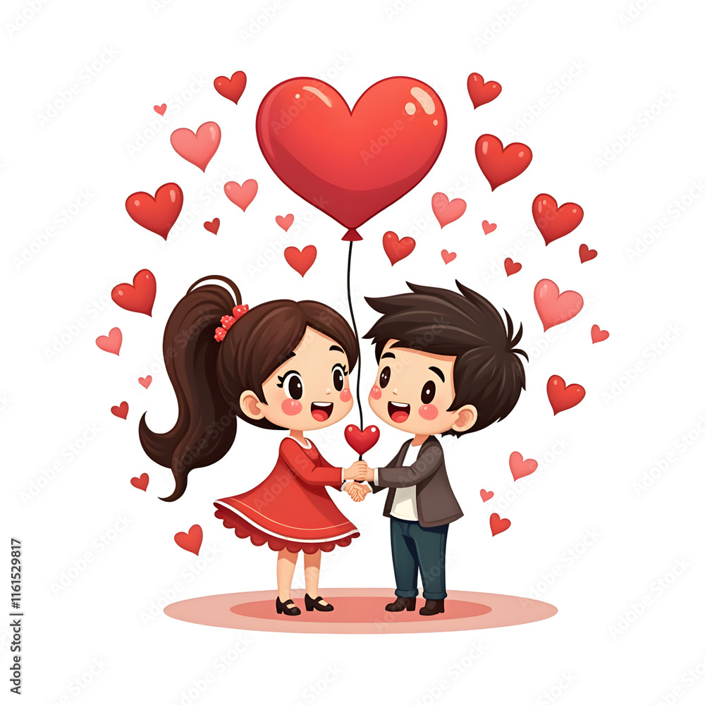 illustration of a couple celebrating Valentine's Day, chibi character illustration of a couple celebrating Valentine's Day, chibi character