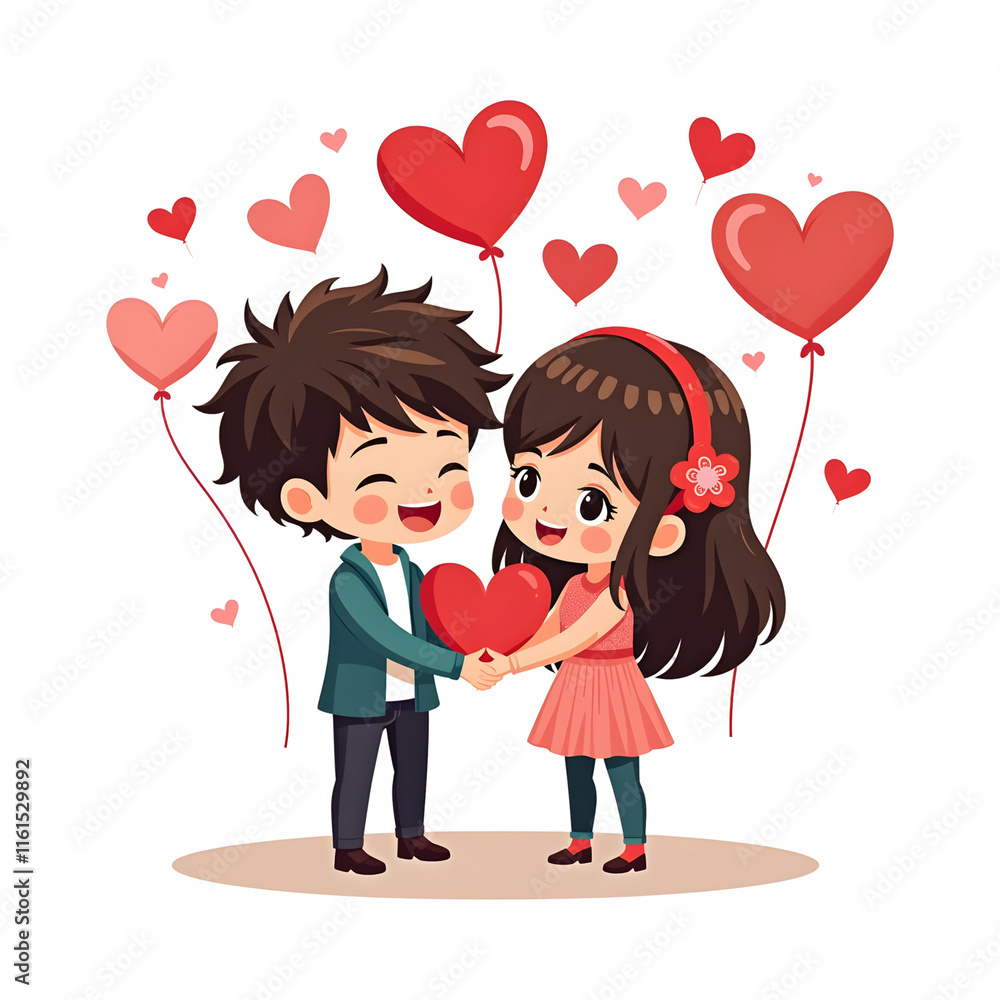 illustration of a couple celebrating Valentine's Day, chibi character illustration of a couple celebrating Valentine's Day, chibi character