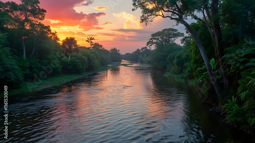 Amazonian Sunset, Essequibo and Cuyuni Rivers Converge at Dusk - Lush Rainforest, Vibrant Colors, and Ancient Kapok Trees Reflected in Rippling Waters