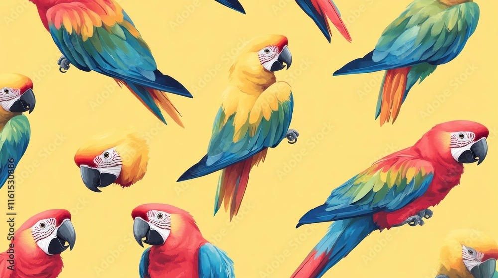 Obraz premium Colorful macaw parrots seamless pattern on yellow background. (1)