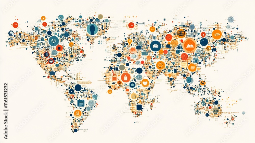 Obraz premium Global interconnectedness visualized via a world map composed of diverse icons.