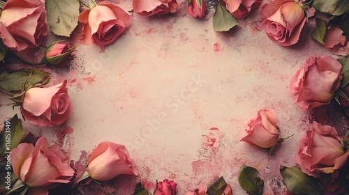 A floral frame with space for text featuring pink roses and green leaves framing a vintage textured beige background with hints of pink and red, ideal for floral-themed designs or invitations