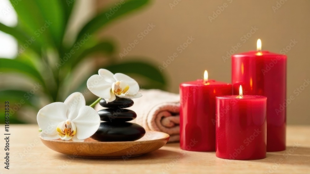red candles of different sizes, on a wooden plate there are white orchid flowers and black massage stones, next to them there are beige towels, a light wooden table, a beige blurred wall, big plant red candles of different sizes, on a wooden plate there are white orchid flowers and black massage stones, next to them there are beige towels, a light wooden table, a beige blurred wall, big plant