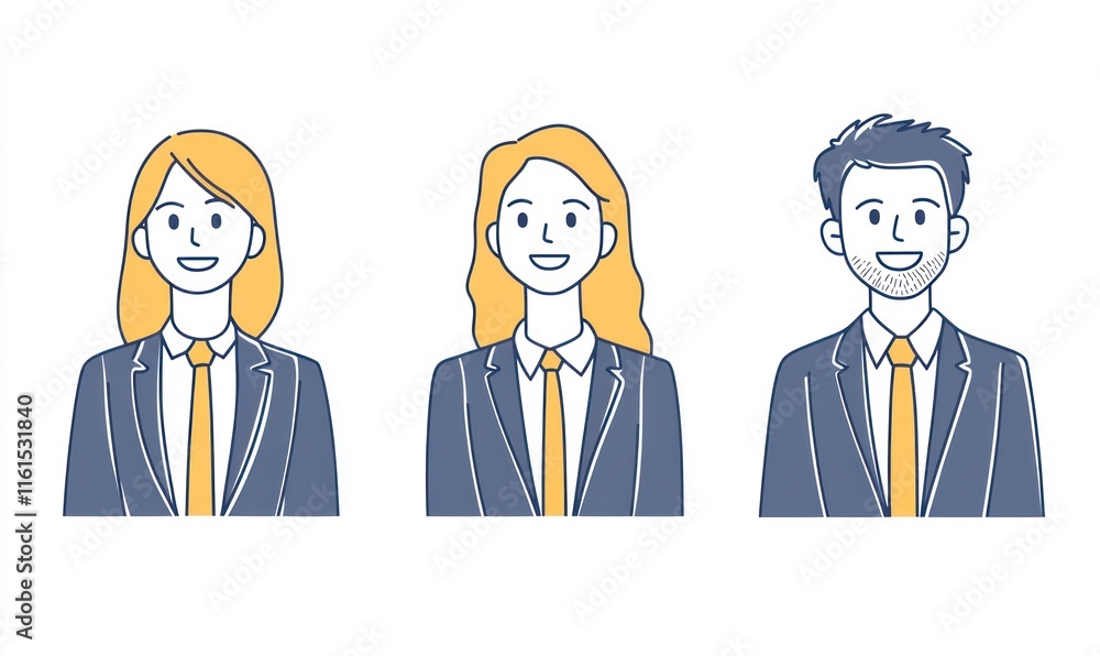 Three outlined professionals in suits, smiling, and isolated on white. Three outlined professionals in suits, smiling, and isolated on white.