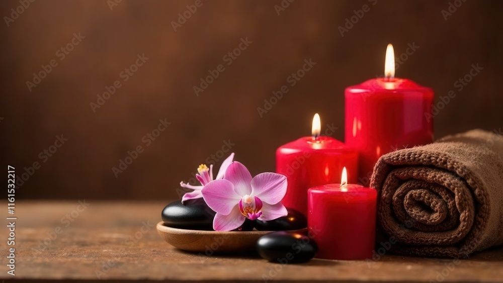 red candles of different sizes, on a wooden plate there are orchid flowers and black massage stones, next to them there are stacked brown towels, a wooden table, a coffee-colored blurred wall red candles of different sizes, on a wooden plate there are orchid flowers and black massage stones, next to them there are stacked brown towels, a wooden table, a coffee-colored blurred wall