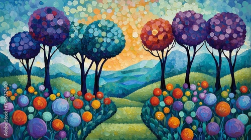 Dreamy Landscape with Colorful Trees and Flowers