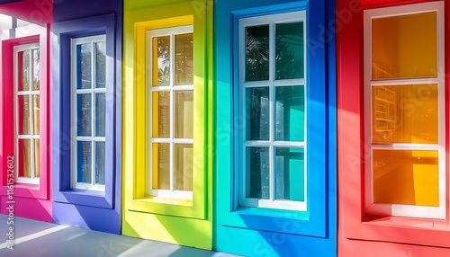 Row colorful PVC windows in vibrant hues.
