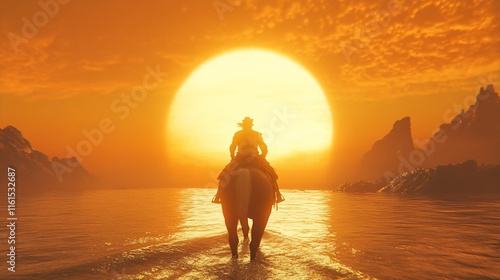 Cowboy riding horse into sunset over water. photo