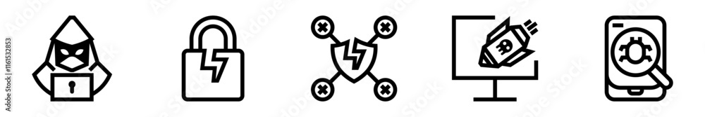 Fototapeta premium Hacker icon set. Cybersecurity, damaged, warning, virus