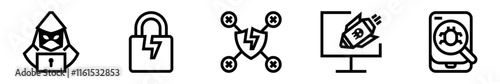 Hacker icon set. Cybersecurity, damaged, warning, virus