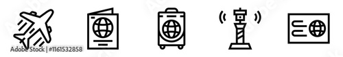 Airport icon set. Travel, airplane, global connectivity, passport, ticket, luggage suitcase