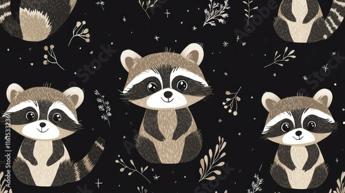 Cute cartoon raccoons seamless pattern on dark background with floral elements. photo