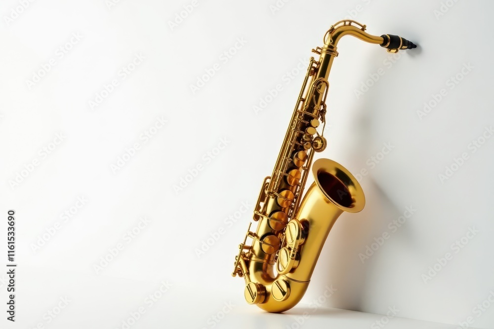 Naklejka premium Gleaming gold saxophone, pristine white backdrop, macro, blues, isolated
