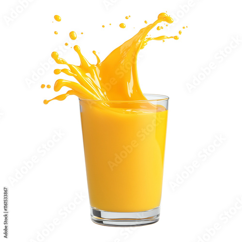 Bright mango juice splashing in glass  
